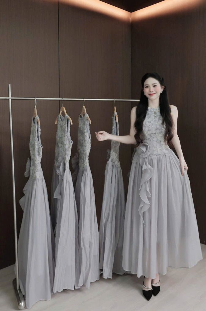 VGU0420-Đầm TK phối tùng eo đính hoa Xám