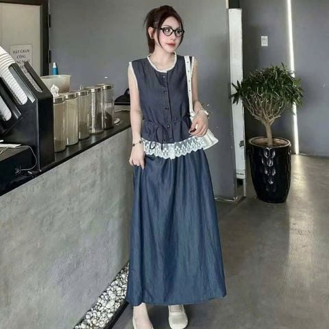 VGU0416-Set áo sát nách phối viền ren, CV dài Xanh Đen (kèm dây cột eo)