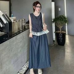 VGU0416-Set áo sát nách phối viền ren, CV dài Xanh Đen (kèm dây cột eo)