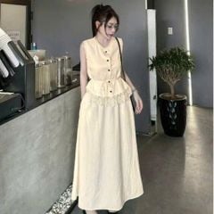 VGU0417-Set áo sát nách phối viền ren, CV dài Kem Vàng (kèm dây cột eo)