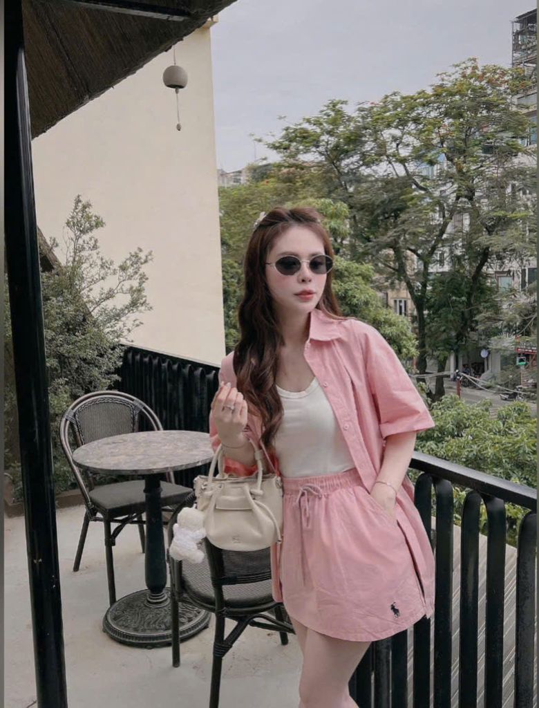 VGU0419-Set áo sơ mi thêu ngựa+áo thun 3 lỗ+CV ngắn Hồng
