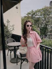 VGU0419-Set áo sơ mi thêu ngựa+áo thun 3 lỗ+CV ngắn Hồng
