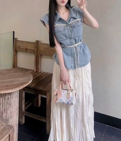 VGU0410-Set áo jean đính charm, CV dài CC Kem + bell