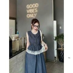 VGU0416-Set áo sát nách phối viền ren, CV dài Xanh Đen (kèm dây cột eo)
