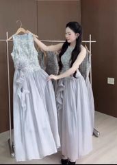 VGU0420-Đầm TK phối tùng eo đính hoa Xám