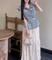 VGU0410-Set áo jean đính charm, CV dài CC Kem + bell