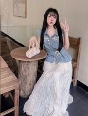 VGU0410-Set áo jean đính charm, CV dài CC Kem + bell