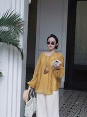 VGU0414-Set áo vàng phối nút tàu, quần suông Kem CC