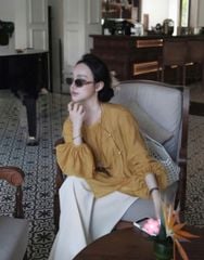 VGU0414-Set áo vàng phối nút tàu, quần suông Kem CC
