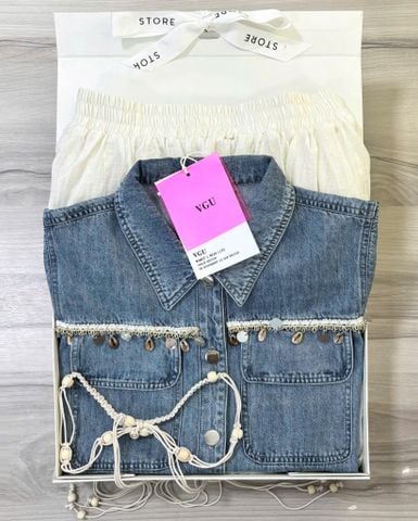 VGU0410-Set áo jean đính charm, CV dài CC Kem + bell
