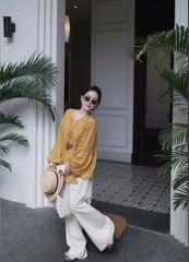 VGU0414-Set áo vàng phối nút tàu, quần suông Kem CC