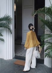 VGU0414-Set áo vàng phối nút tàu, quần suông Kem CC