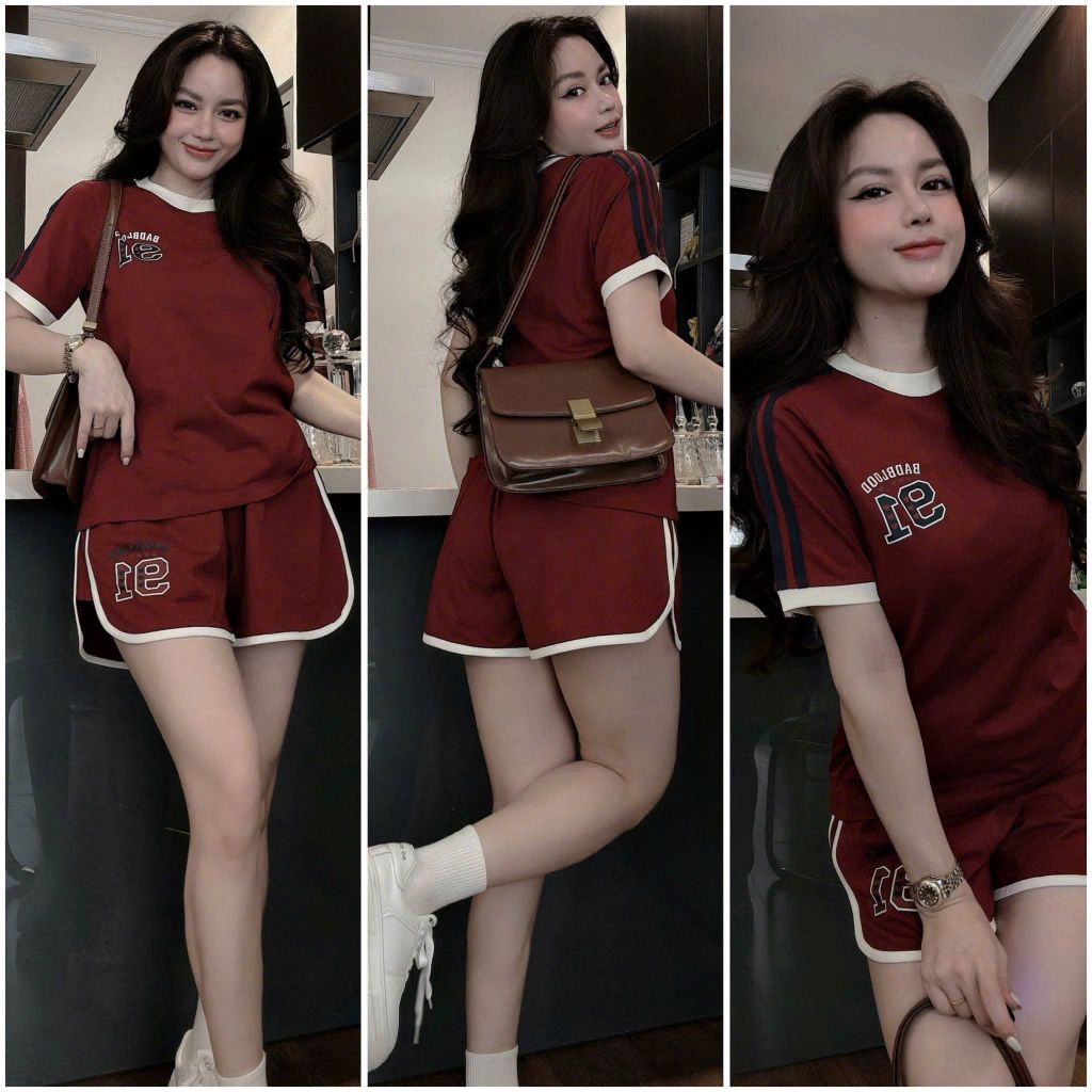 VGU0409-Set thể thao, áo phối sọc+quần short in số 91  Đỏ