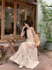 VRA0634-Đầm suông phối ren CC Kem