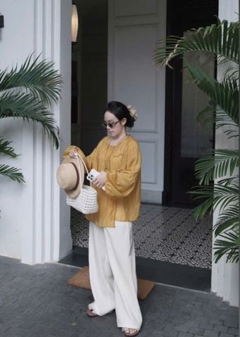 VGU0414-Set áo vàng phối nút tàu, quần suông Kem CC