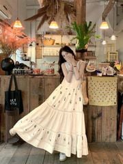VRA0634-Đầm suông phối ren CC Kem
