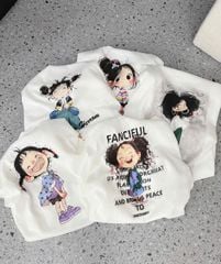 TB8461-Áo thun trắng in hình bé gái tóc xù Fancitul
