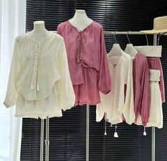 TB8383-Set áo tay dài, quần short họa tiết hoa Hồng