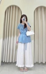 TQ4319-Set basic, áo xanh+quần suông Trắng+bell