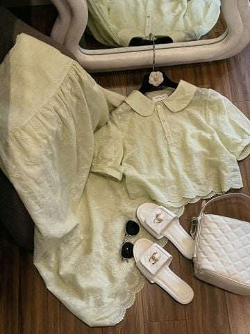 TQ1805-Set áo cổ sen+CV dài thêu nơ CC Xanh