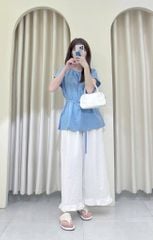 TQ4319-Set basic, áo xanh+quần suông Trắng+bell