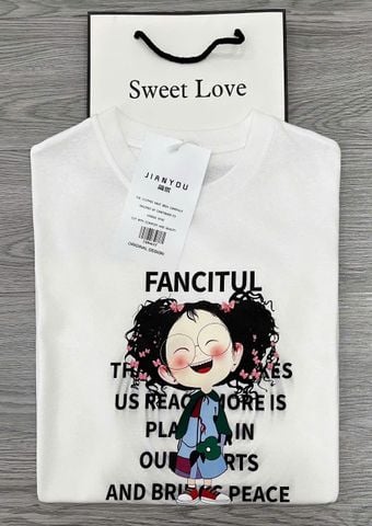 TB8461-Áo thun trắng in hình bé gái tóc xù Fancitul