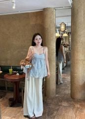 TQ4326-Set áo tơ thêu 2 dây kết hạt CC, quần suông Kem