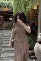 KS0837-Đầm thun body nhúng eo đính nút bọc Nâu