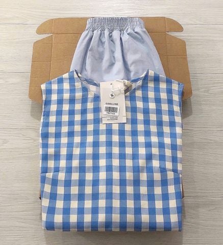 TB5742-Set áo caro viền bèo, quần short Xanh
