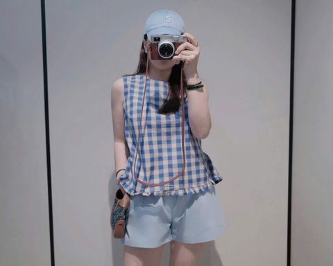 TB5742-Set áo caro viền bèo, quần short Xanh