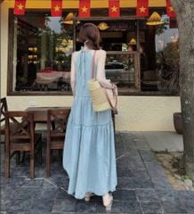 VGU0467-Đầm Jean suông cổ yếm ngực bèo X.Nhạt