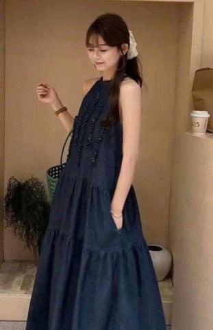 VGU0468-Đầm Jean suông cổ yếm ngực bèo X.Đậm