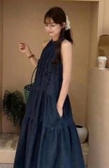 VGU0468-Đầm Jean suông cổ yếm ngực bèo X.Đậm