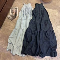 VGU0468-Đầm Jean suông cổ yếm ngực bèo X.Đậm