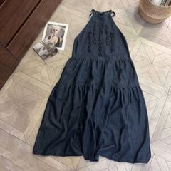 VGU0468-Đầm Jean suông cổ yếm ngực bèo X.Đậm