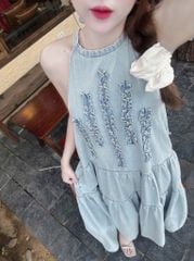 VGU0468-Đầm Jean suông cổ yếm ngực bèo X.Đậm