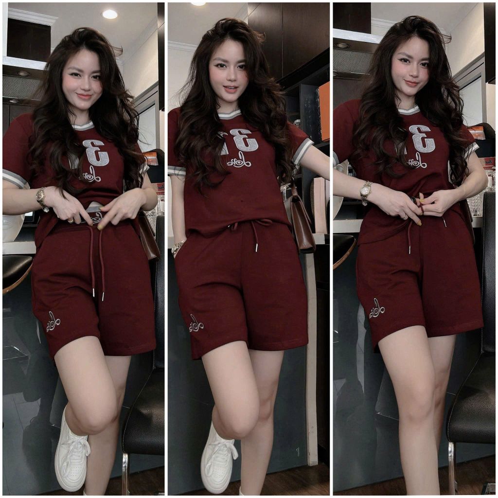 VGU0480-Set áo phối viền số 31, quần short thêu chữ Đỏ