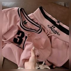 VGU0478-Set áo phối viền số 31, quần short thêu chữ Hồng