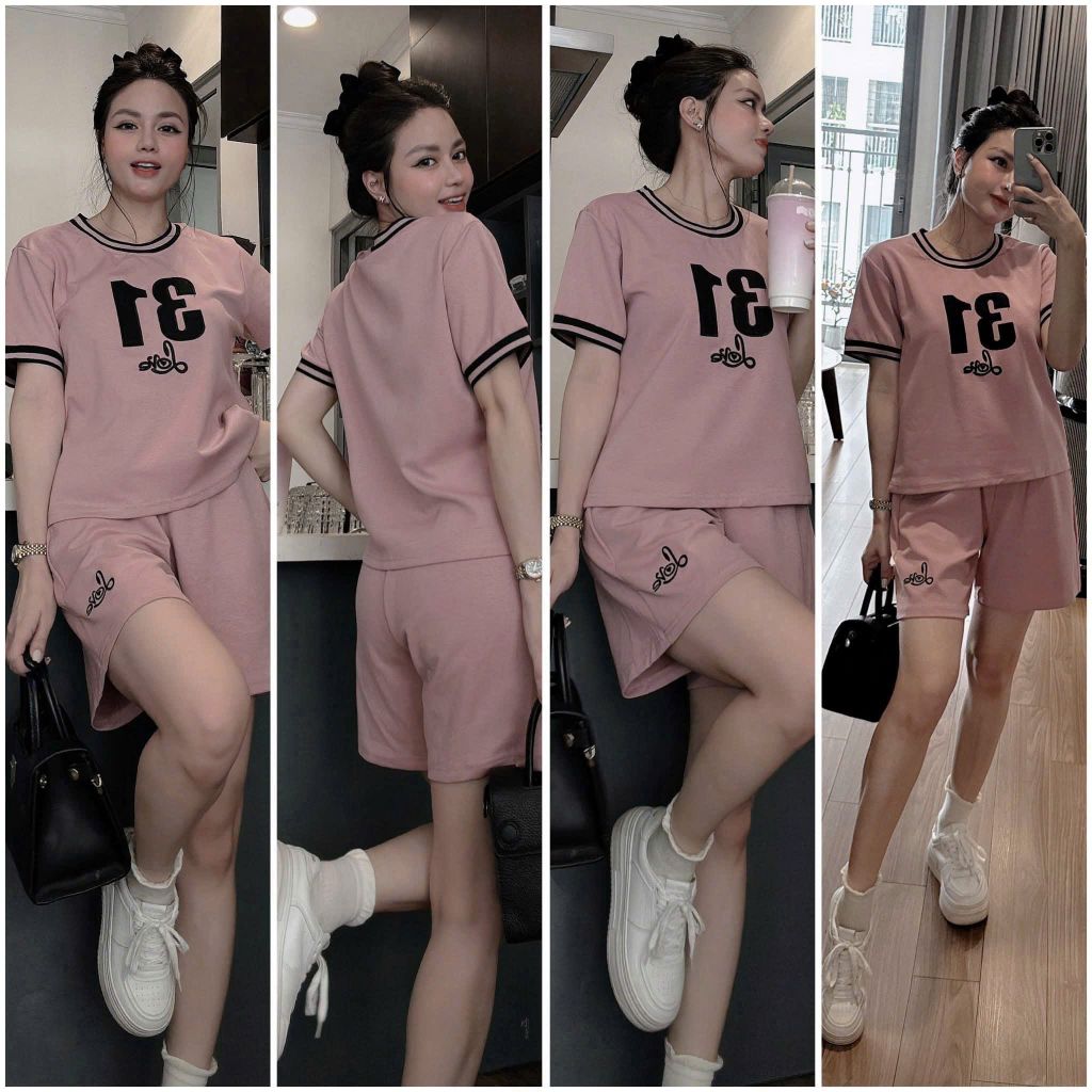 VGU0478-Set áo phối viền số 31, quần short thêu chữ Hồng