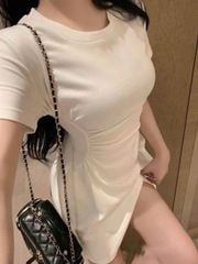TQ4342-Đầm ngắn nhúng eo Kem