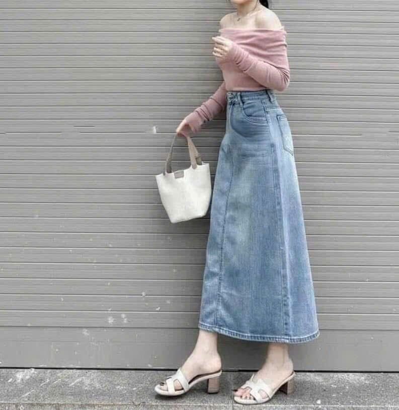 TB8148-Chân váy Jean  dài Xanh