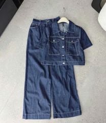 SKY8225-Set Jean CC, áo phối túi+quần suông X. Đậm