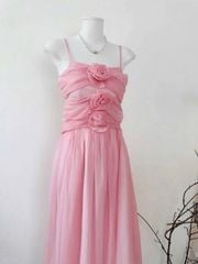 VGU0499-Đầm kiểu 2dây đính hoa Kem