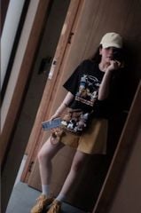 VGU0502-Set áo thun in micky, quần short phối viền ren Vàng