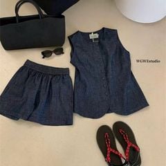 KS0875-Set jean, áo sát nách nút bọc +quần short X.Đen
