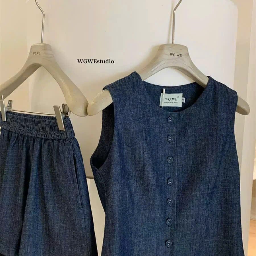 KS0875-Set jean, áo sát nách nút bọc +quần short X.Đen