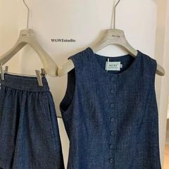 KS0875-Set jean, áo sát nách nút bọc +quần short X.Đen
