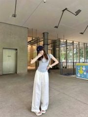 KS0903-Set áo body cổ tim xanh, quần suông Trắng