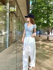 KS0903-Set áo body cổ tim xanh, quần suông Trắng