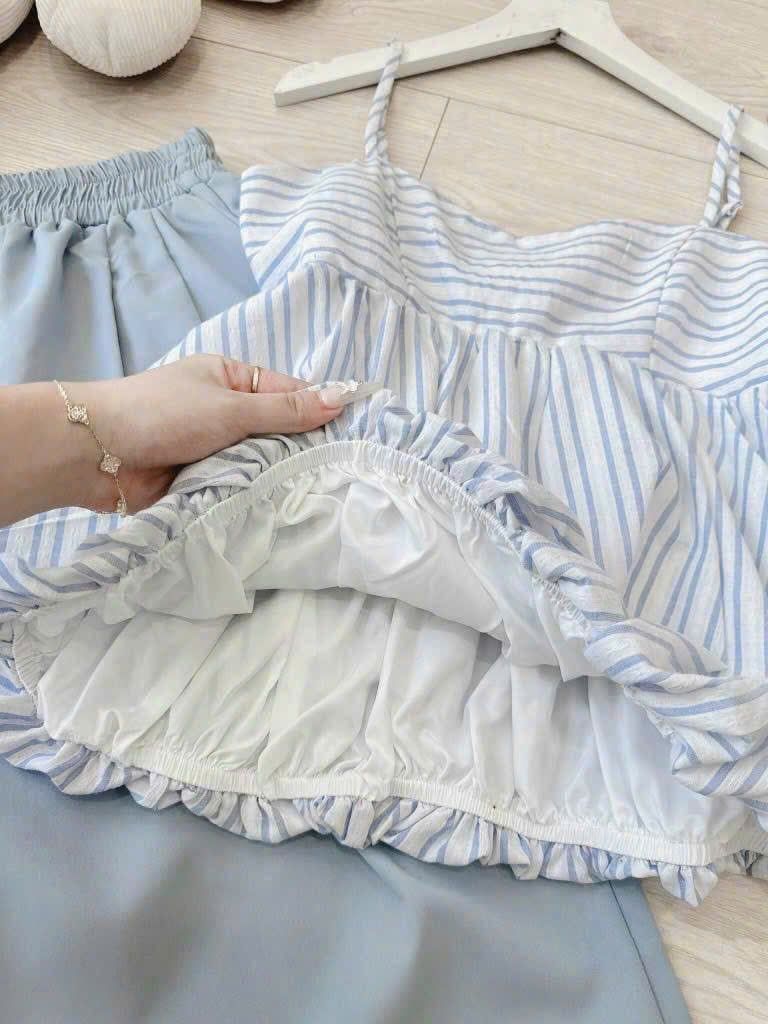 TQ4351-Set áo bí 2 dây kẻ sọc, quần dài Xanh